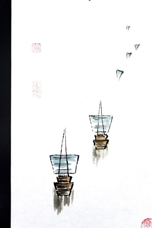 Moderne chinesische Malerei - Aquarell auf Reispapier - Die Boote 2