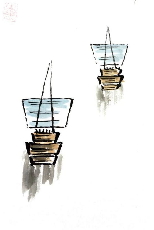 Moderne chinesische Malerei - Aquarell auf Reispapier - Die Boote 3
