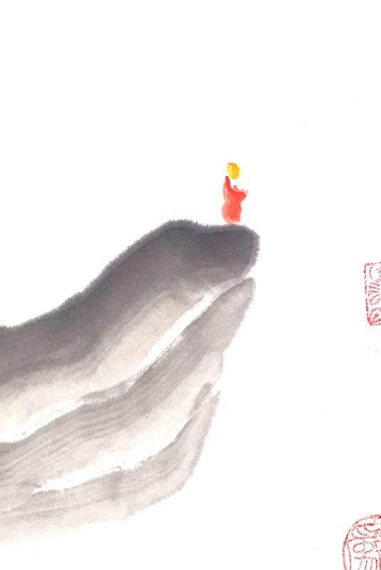 Moderne chinesische Malerei - Aquarell auf Reispapier - Die Klippe und der Berg 2