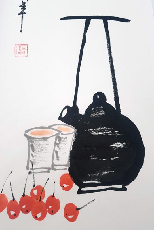 Moderne chinesische Malerei - Aquarell auf Reispapier - Die Teezeremonie 2
