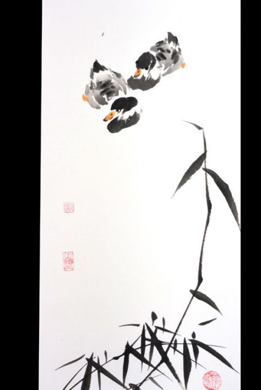 Moderne chinesische Malerei - Aquarell auf Reispapier - Enten und Bambus 2