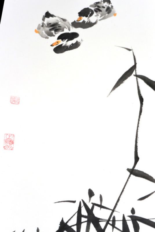 Moderne chinesische Malerei - Aquarell auf Reispapier - Enten und Bambus 3