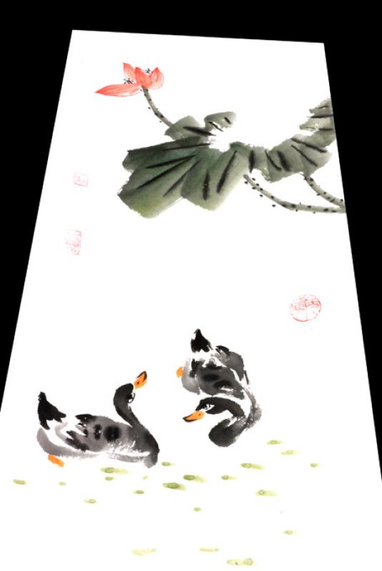 Moderne chinesische Malerei - Aquarell auf Reispapier - Enten und Lotus 2