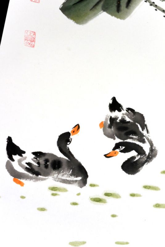 Moderne chinesische Malerei - Aquarell auf Reispapier - Enten und Lotus 3