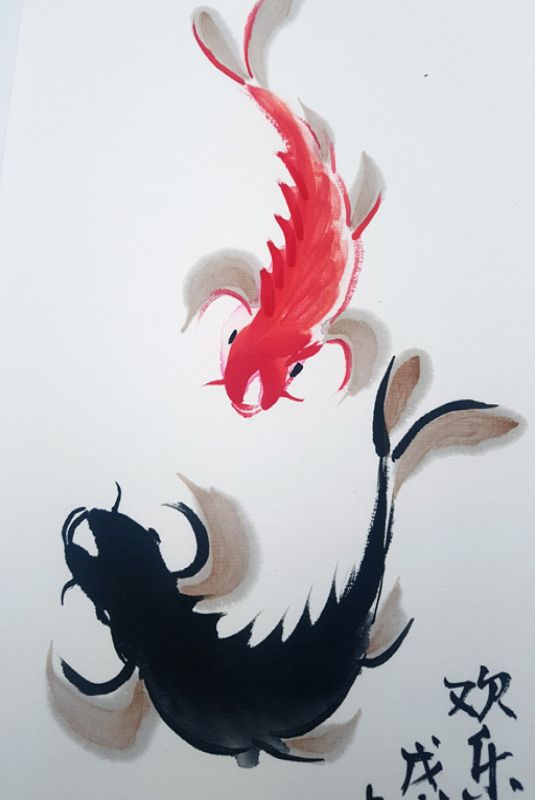 Moderne chinesische Malerei - Aquarell auf Reispapier - Fisch - Feng Shui 2