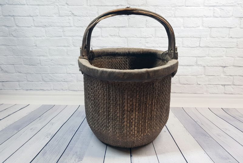 Old Chinese braided rice basket - Basket weaving - Dark Brown 1