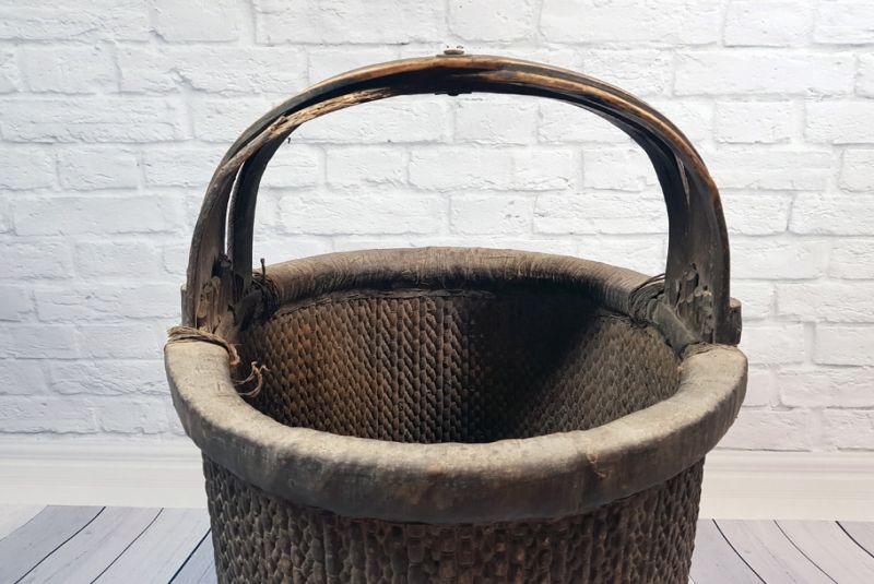 Old Chinese braided rice basket - Basket weaving - Dark Brown 2