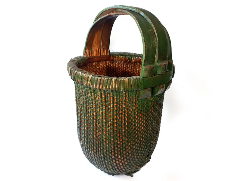 Old Chinese braided rice basket - Basket weaving - Dark green 1