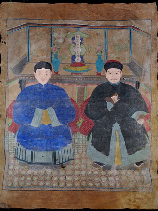 Old Chinese Chinese Ancestor Painting - Couple of the Qing dynasty 1