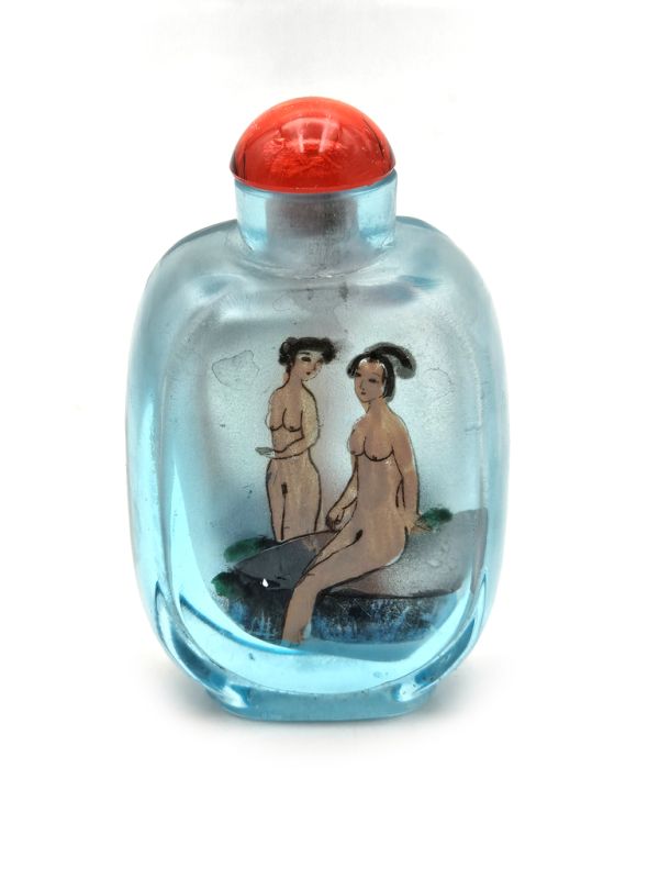 Old Chinese snuff bottle - Blown glass - Erotic - Blue 1
