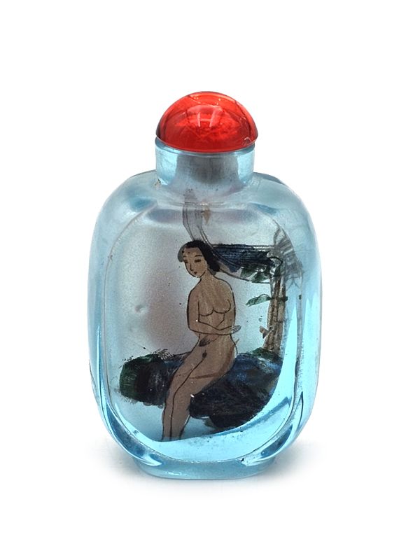 Old Chinese snuff bottle - Blown glass - Erotic - Blue 2