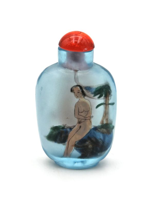 Old Chinese snuff bottle - Blown glass - Erotic - Blue - Oval 2