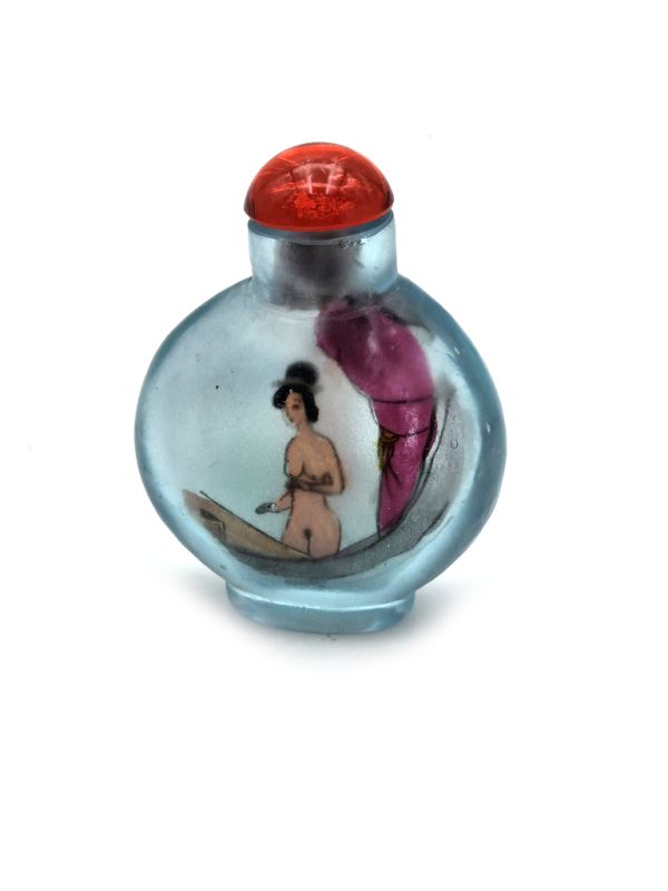 Old Chinese snuff bottle - Blown glass - Erotic - Blue - Round 2