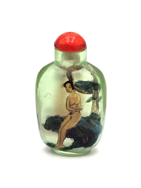Old Chinese snuff bottle - Blown glass - Erotic - Green 1