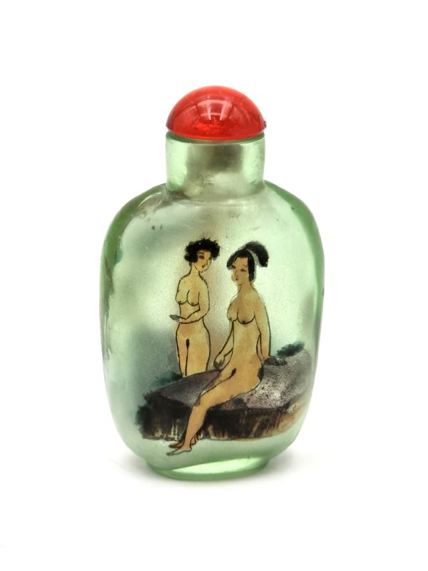 Old Chinese snuff bottle - Blown glass - Erotic - Green 2