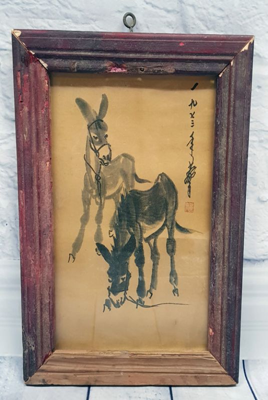 Old Chinese Wood Frame - Painting - 2 donkeys 1