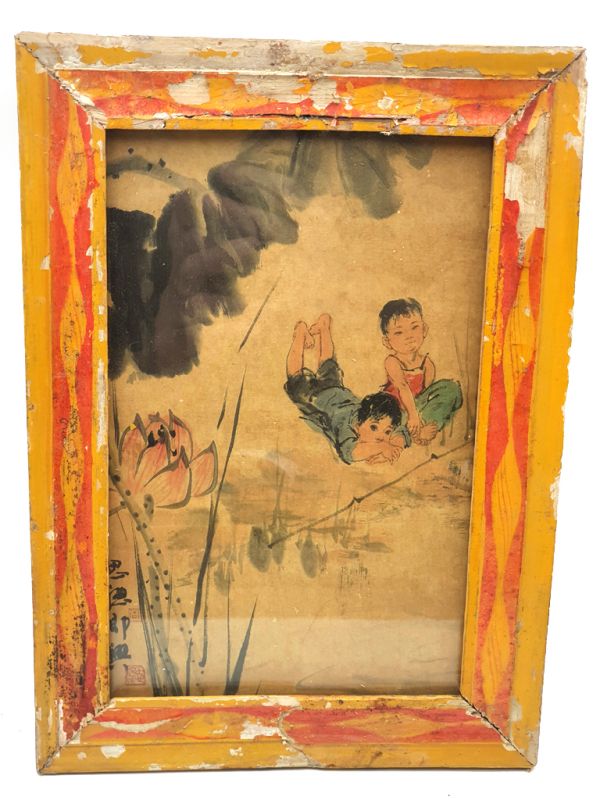 Old Chinese Wood Frame - Painting - children and the lotus 1