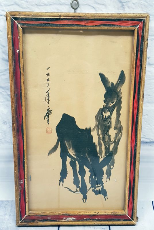 Old Chinese Wood Frame - Painting - Donkeys 1