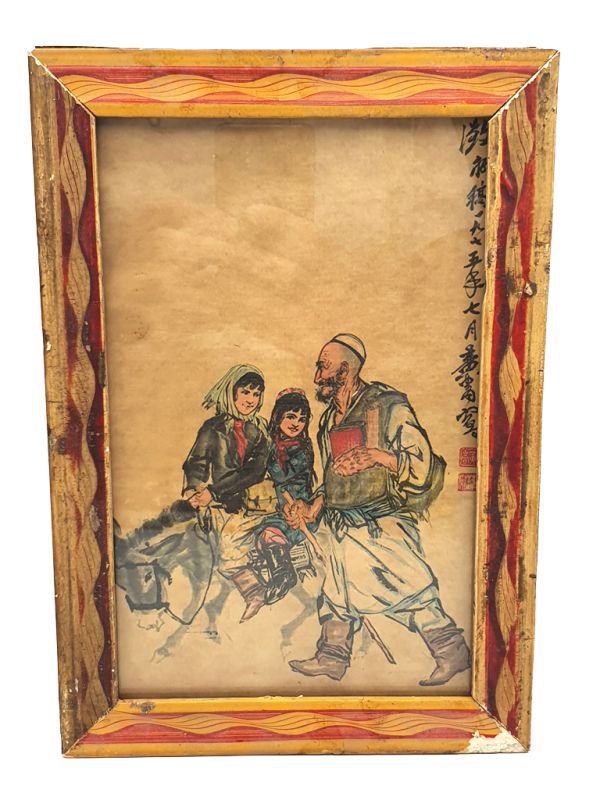 Old Chinese Wood Frame - Painting - The donkey the children and the master 1