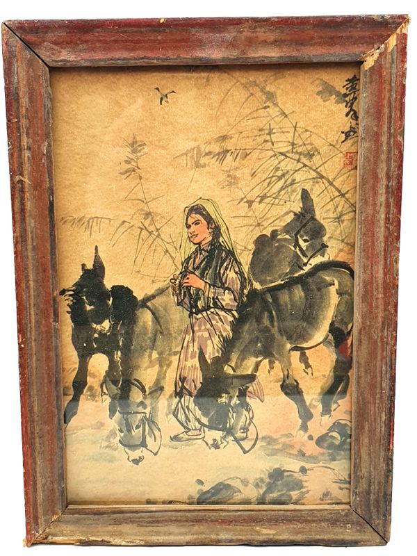 Old Chinese Wood Frame - Painting - The girl and the donkeys 1