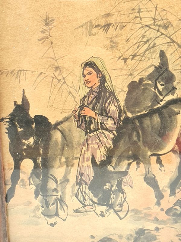 Old Chinese Wood Frame - Painting - The girl and the donkeys 2