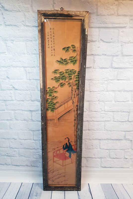 Old Chinese Wood Frame - Painting - The woman on the bench 1