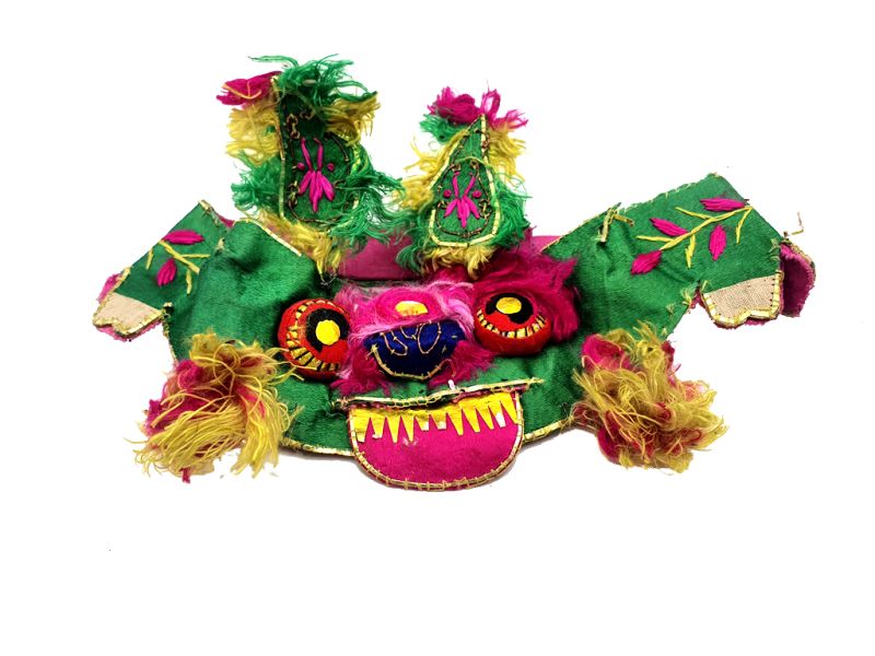 Old Ethnic Baby Headdress - Tiger head - Green/Pink 2