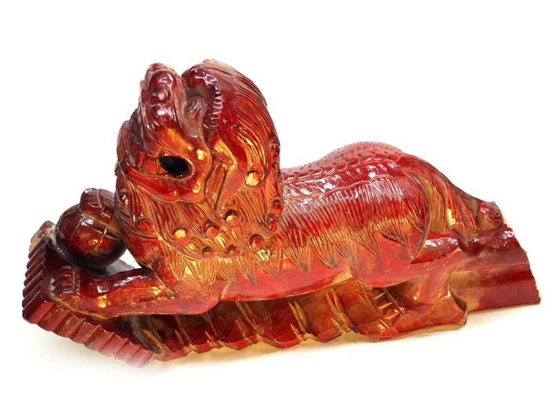 Old Imperial guardian lion - Chinese Foo dog - Double sided - Natural and lacquered 3