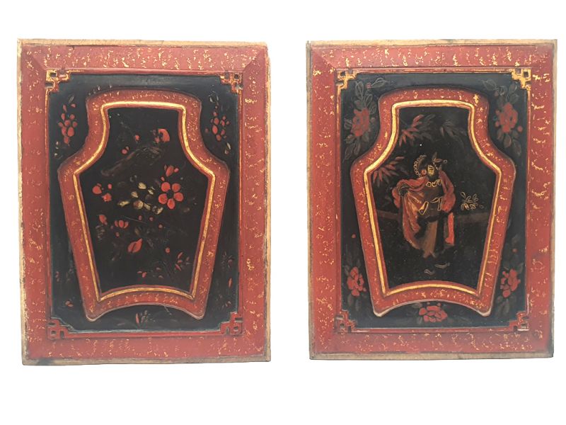 Old Red paire of Chinese wooden Panel 1