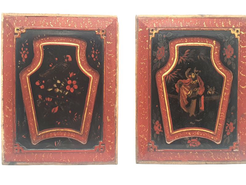 Old Red paire of Chinese wooden Panel 2