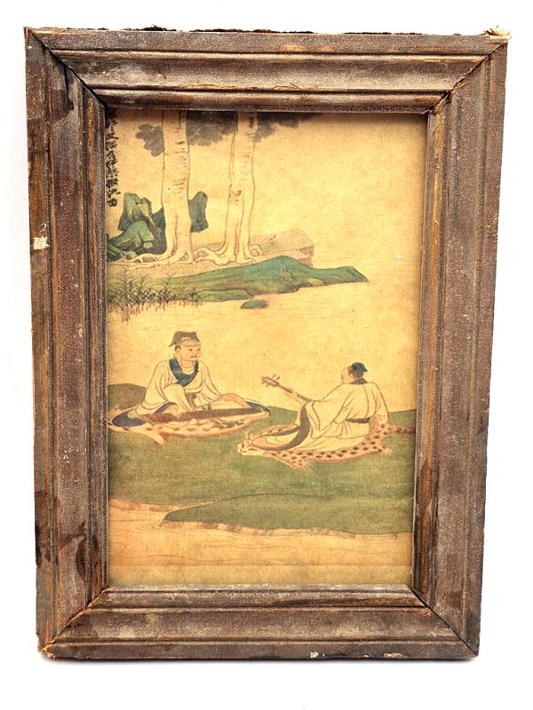 Old small Chinese wooden frame - Painting - Chinese musicians 1