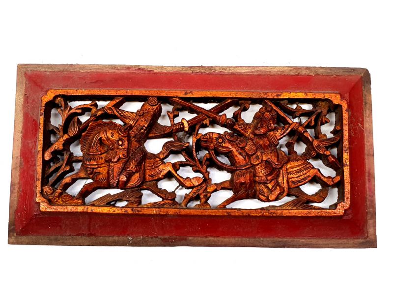 Old Wooden Panel Qing Dynasty Red and gold - Cavaliers in combat 1