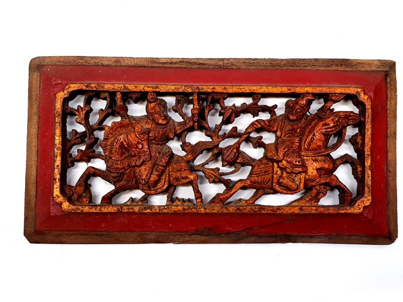 Old Wooden Panel - Qing Dynasty - Red and gold - The two riders 2 1
