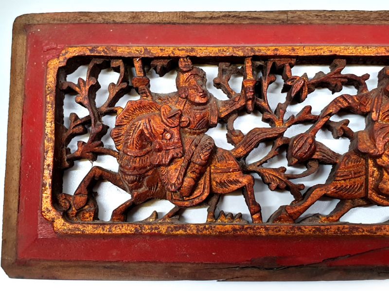 Old Wooden Panel - Qing Dynasty - Red and gold - The two riders 2 2