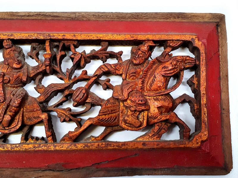 Old Wooden Panel - Qing Dynasty - Red and gold - The two riders 2 3