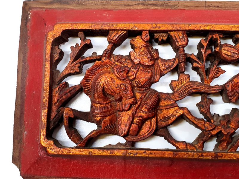 Old Wooden Panel Qing Dynasty Red and gold - The two riders 4 2