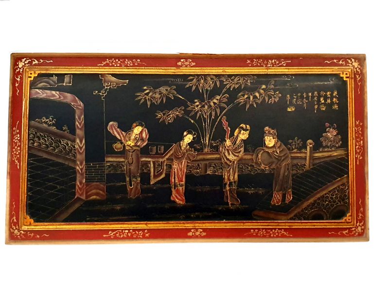 Old wooden plaque from the Qing dynasty - Lacquer - The sage and the court ladies 1