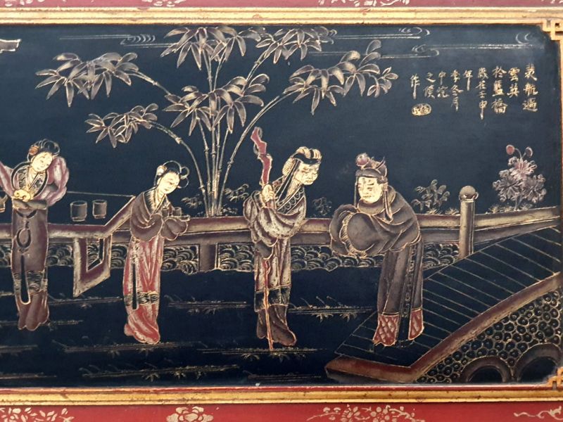 Old wooden plaque from the Qing dynasty - Lacquer - The sage and the court ladies 3