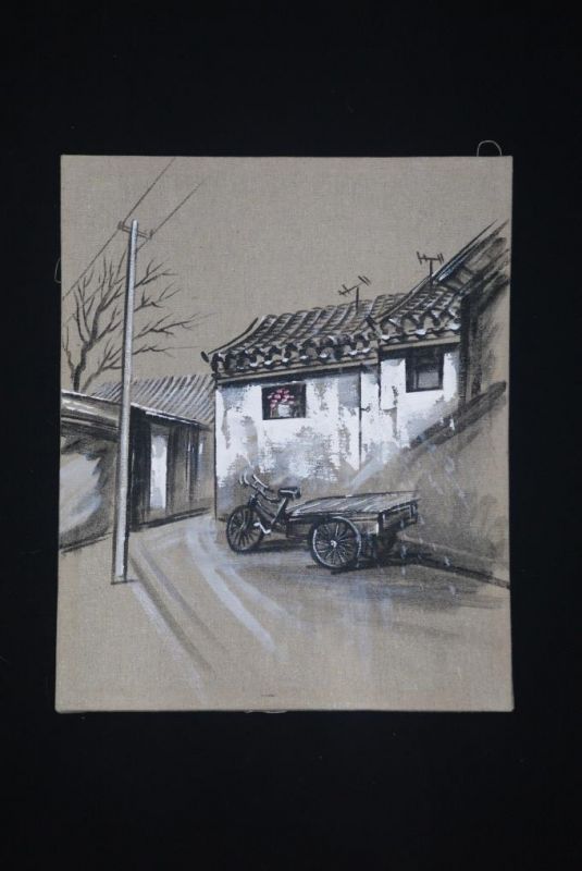 Ölgemälde - Die chinesischen Hutongs - 34x42cm - Dreirad auf der Straße 2