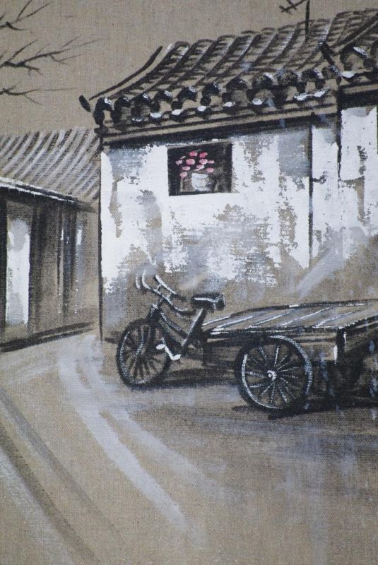 Ölgemälde - Die chinesischen Hutongs - 34x42cm - Dreirad auf der Straße 4
