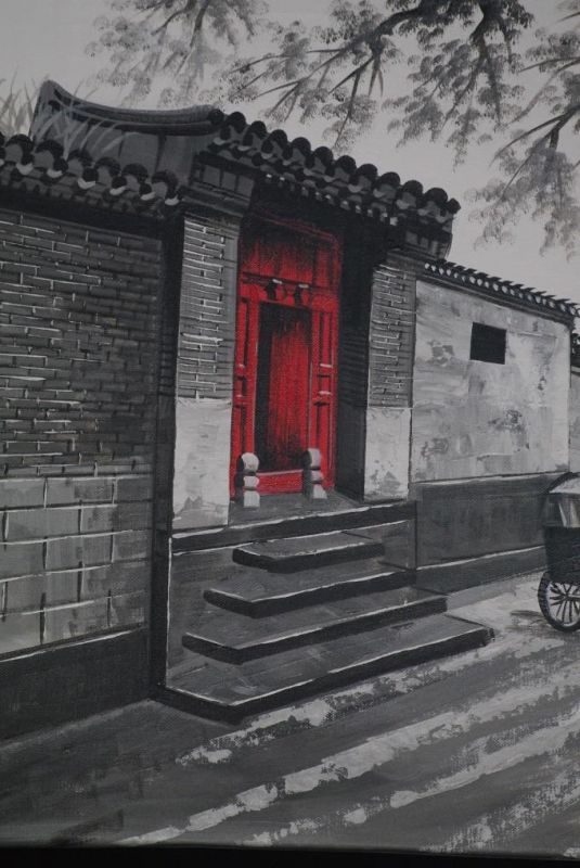 Ölgemälde - Die chinesischen Hutongs - 50x60cm - Die rote Tür 2