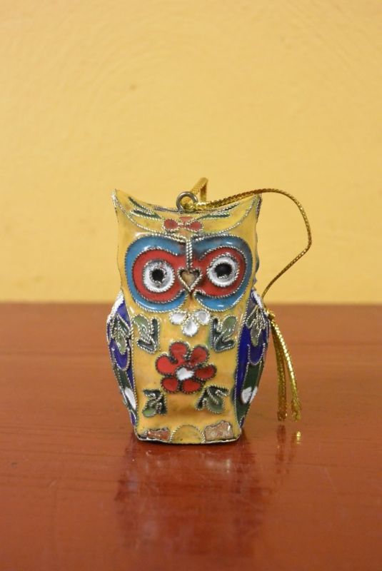 Owls in Cloisonné Yellow Pink 1