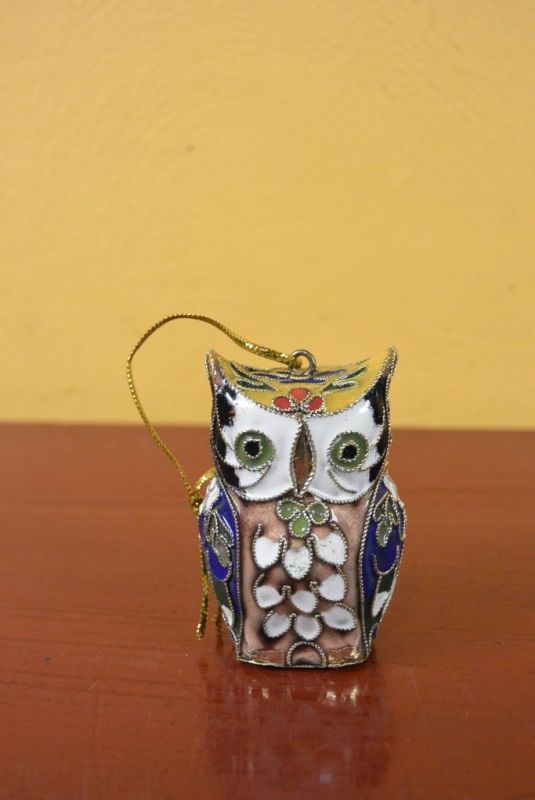 Owls in Cloisonné Yellow Pink 3