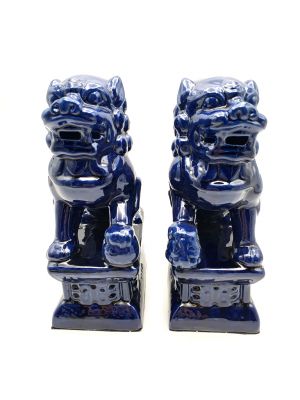 Paire de Chiens Foo en porcelaine Bleu marine