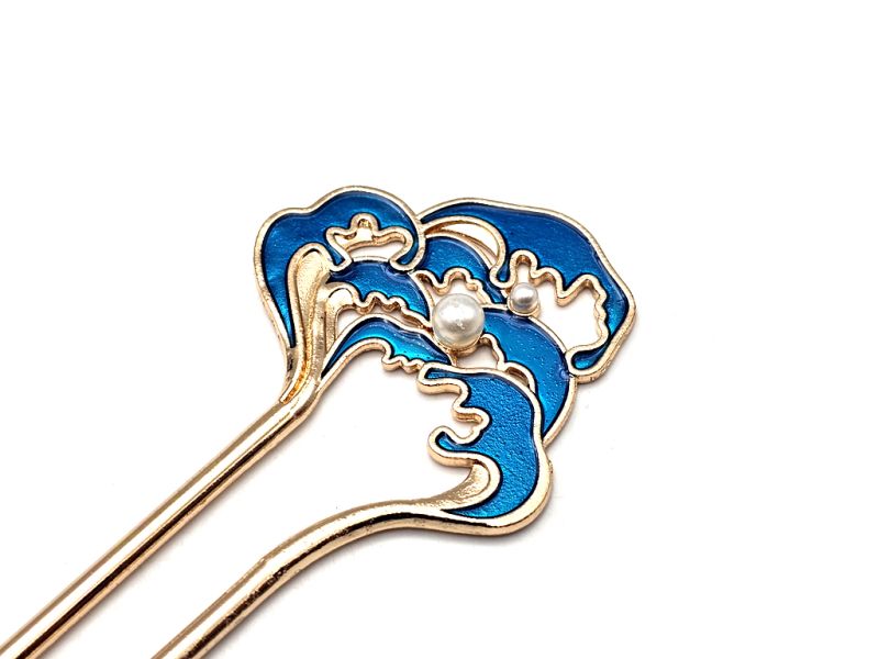 Palillo para el pelo de esmalte chino - Cloisonne - Ondas - Azul marino 2