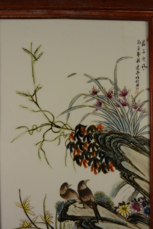 Panneau chinois en Bois et Porcelaine Nature 2 3