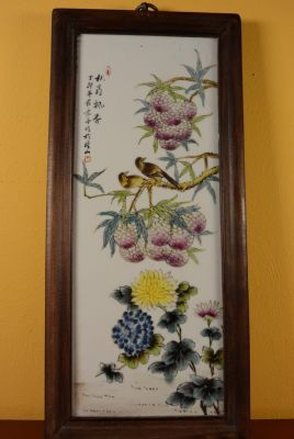 Panneau chinois en Bois et Porcelaine Oiseaux sur arbre 2