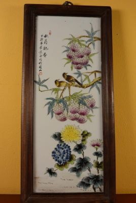 Panneau chinois en Bois et Porcelaine Oiseaux sur arbre 2 Panneau chinois en Bois et Porcelaine Oiseaux sur arbre 2