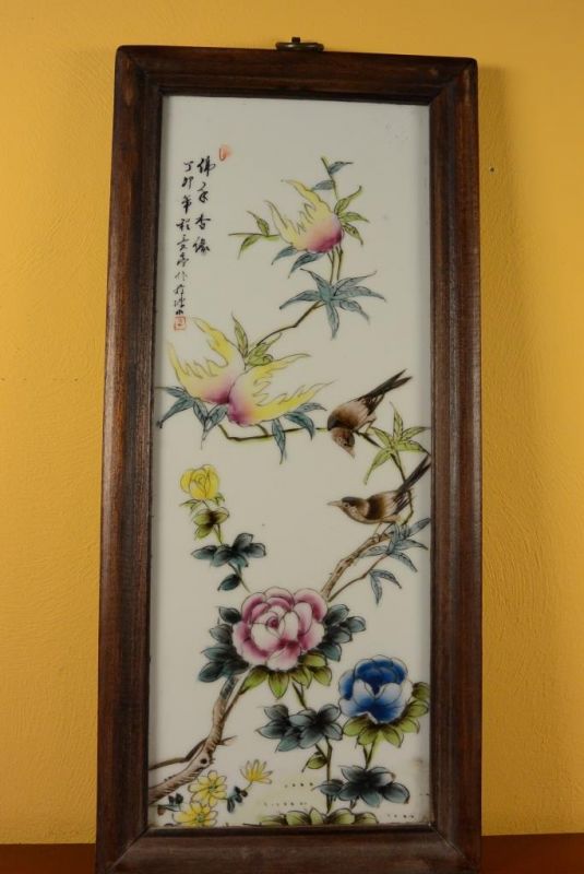 Panneau chinois en Bois et Porcelaine Oiseaux sur arbre 5 1