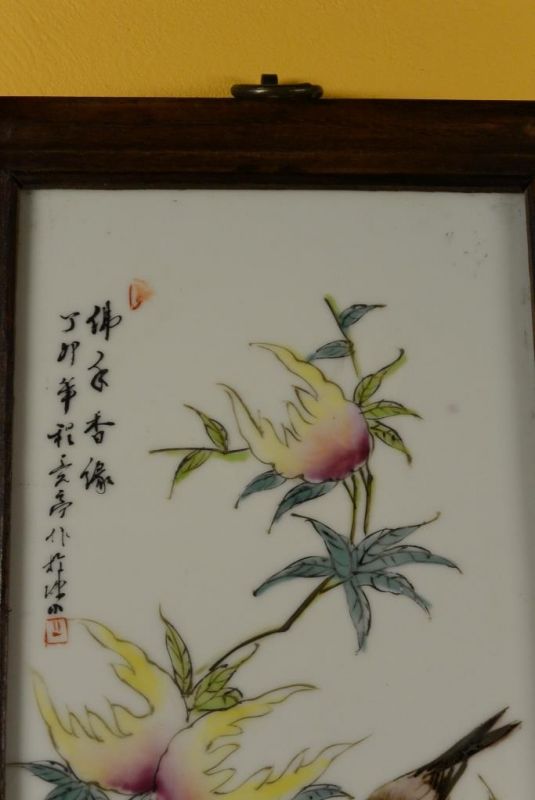 Panneau chinois en Bois et Porcelaine Oiseaux sur arbre 5 2